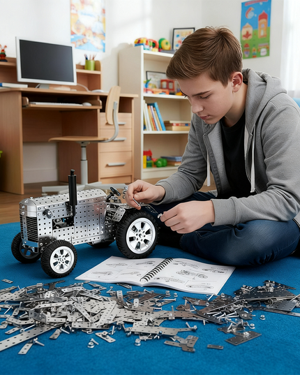 Teen assembling a metal tractor 3D puzzle model at home, surrounded by metal parts and an instruction book. DIY Metal Kit perfect for mechanical learning and creative building