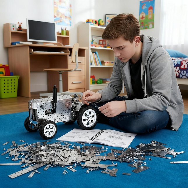 Teen assembling a metal tractor 3D puzzle model at home, surrounded by metal parts and an instruction book. DIY Metal Kit perfect for mechanical learning and creative building