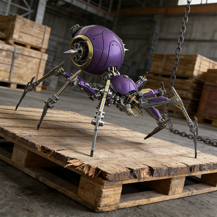 Striking mechanical steampunk spider 3D puzzle metal kit with vibrant purple body and intricate gold-accented legs, standing on a wooden pallet in a warehouse. This detailed steam punk mech is a captivating steampunk puzzle, offering a complex build and serving as a unique metal model for collectors of mechanical steampunk creatures and industrial-themed metal kits.