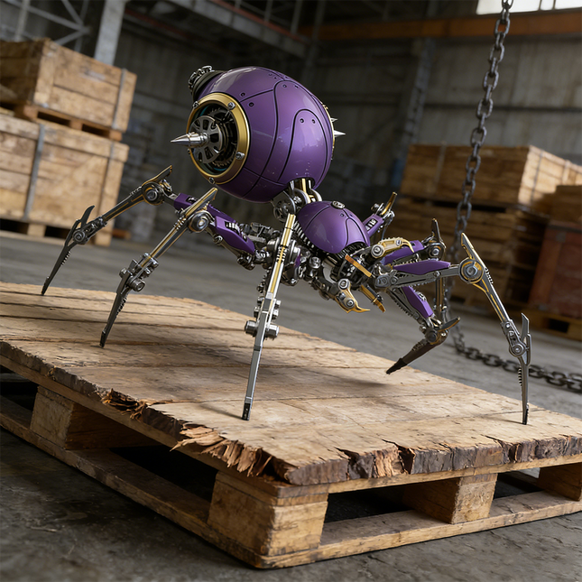Striking mechanical steampunk spider 3D puzzle metal kit with vibrant purple body and intricate gold-accented legs, standing on a wooden pallet in a warehouse. This detailed steam punk mech is a captivating steampunk puzzle, offering a complex build and serving as a unique metal model for collectors of mechanical steampunk creatures and industrial-themed metal kits.