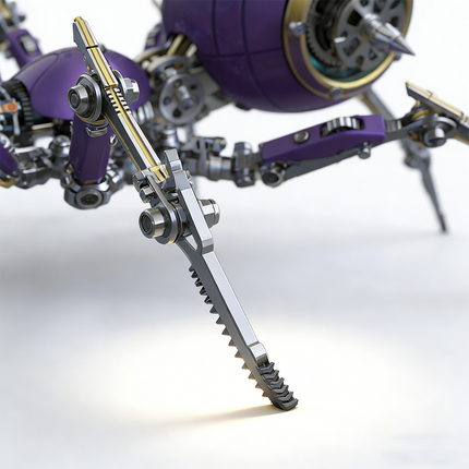 Close-up of a detailed mechanical steampunk spider 3D puzzle metal kit's leg, highlighting its sharp, saw-like design and golden accents on a vibrant purple body. This intricate steam punk mech showcases the fine craftsmanship of a challenging steampunk puzzle, functioning as a unique metal model with advanced mechanical steampunk elements.