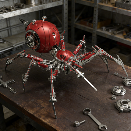 Aggressive mechanical steampunk spider 3D puzzle metal kit with a striking red body and sharp metallic appendages, posed on a rustic wooden workbench amidst tools and spare parts. This intricate steam punk mech is a challenging steampunk puzzle, serving as a unique metal model and a commanding piece of mechanical steampunk art, perfect for collectors of intricate metal kits and industrial-themed decor.