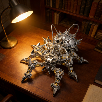 Detailed mechanical steampunk spider 3D puzzle metal kit illuminated by a desk lamp, sitting on a wooden desk. This complex steam punk mech is a captivating steampunk puzzle, featuring numerous gears, spikes, and articulated legs, making it a sophisticated metal model and a perfect addition for mechanical steampunk collectors.