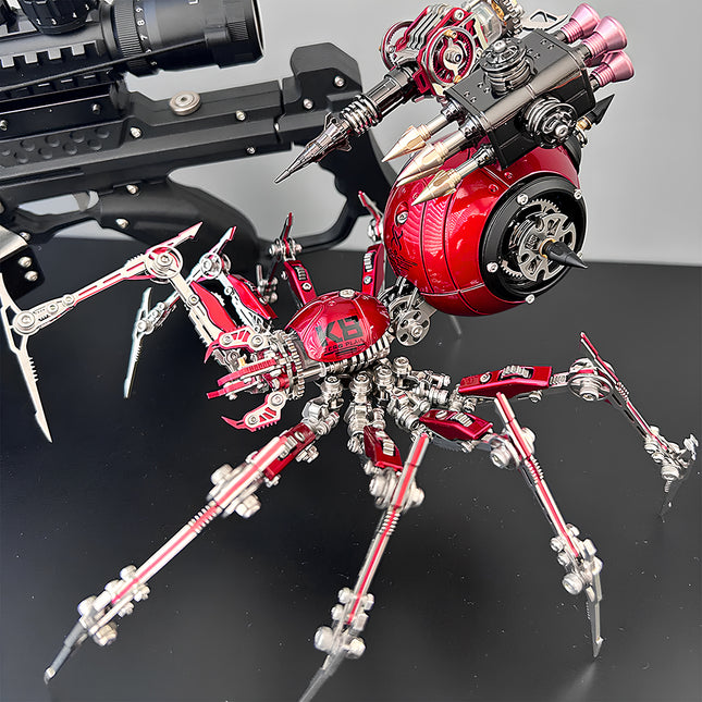 Red mechanical steampunk spider mech with intricate details and weapon attachments, a challenging 3D puzzle metal kit for collectors of unique metal models.