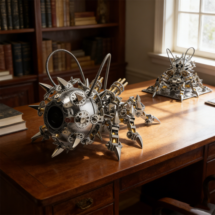 Pair of intricate mechanical steampunk spider 3D puzzle metal kits displayed on a classic wooden desk. These detailed steam punk mech models feature gears, spikes, and complex leg designs, offering a challenging steampunk puzzle experience and serving as unique metal models for mechanical steampunk enthusiasts and collectors.