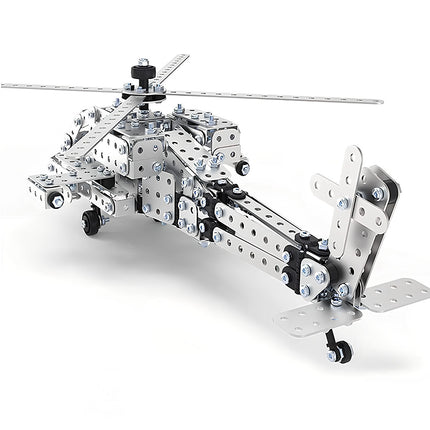 Side-rear view of a sophisticated metal model helicopter kit, featuring precise mechanical steampunk details. This 3D puzzle metal kit is an excellent steampunk puzzle for collectors.