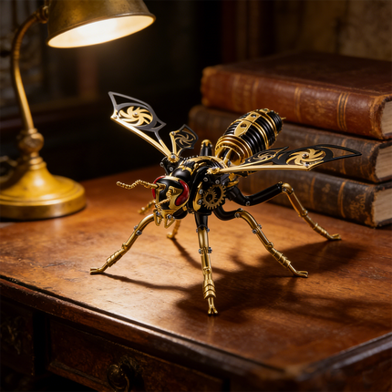 A beautifully crafted steampunk puzzle of a mechanical wasp, featuring intricate golden and black details, set on a vintage wooden desk with old books and a warm lamp. This metal model showcases excellent mechanical steampunk design, perfect for enthusiasts of 3D puzzle Metal Kits.