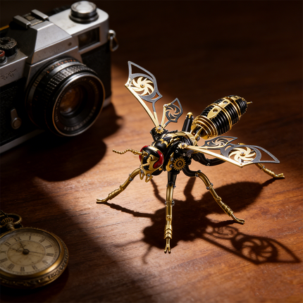 Steampunk mech bee 3D puzzle metal model kit on a wooden table, next to a vintage camera and pocket watch. This intricate mechanical steampunk insect is a perfect metal puzzle for collectors.