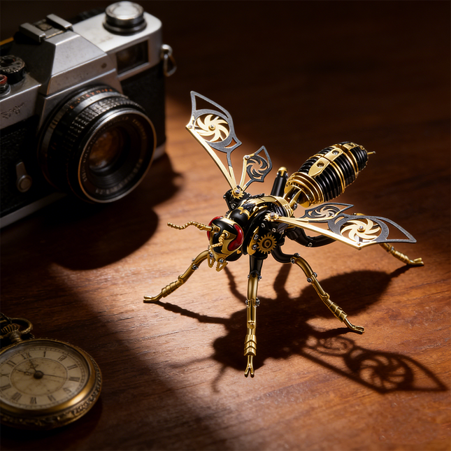 Steampunk mech bee 3D puzzle metal model kit on a wooden table, next to a vintage camera and pocket watch. This intricate mechanical steampunk insect is a perfect metal puzzle for collectors.