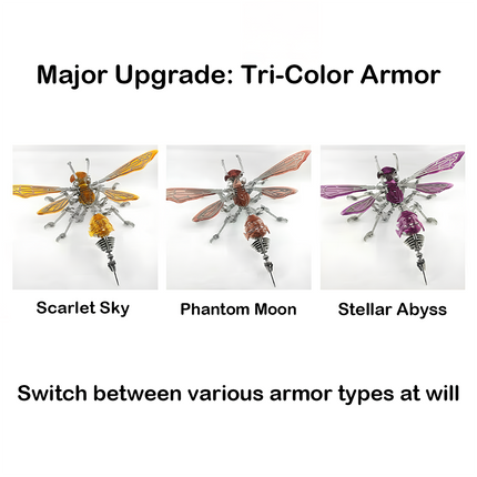 Three color variations of the upgraded metal insect model kit: Scarlet Sky, Phantom Moon, and Stellar Abyss.