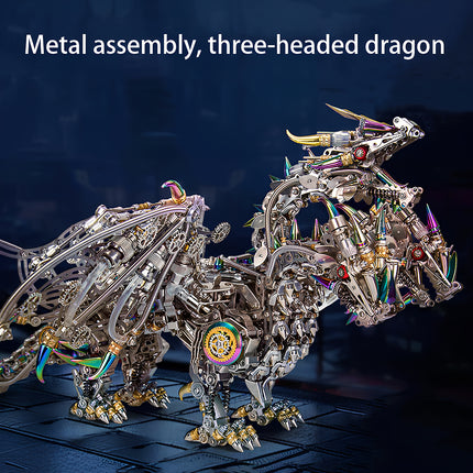 A grand "Metal assembly, three-headed dragon," showcasing a fully constructed metallic 3D puzzle. This complex metal model kit features intricate details and a commanding presence.