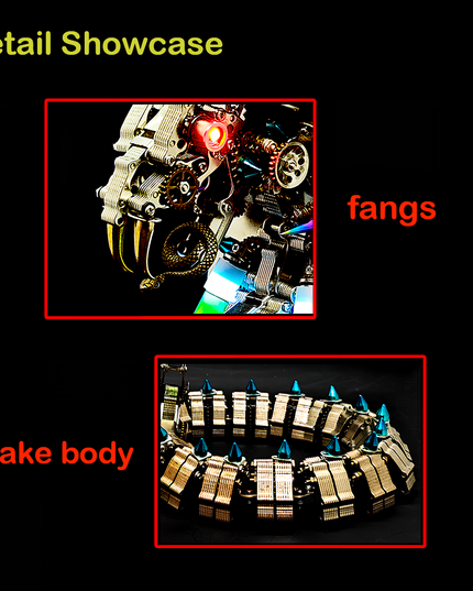 Steampunk Mechanical Snake 3D Puzzle Metal Kit (Detail-Oriented Design) - A meticulous fun toy for mechanics and art enthusiasts, this DIY-assembled piece features a mechanical snake with exquisite details: glowing red-eyed fangs and a segmented, spiked snake body with intricate metallic scales. It challenges you to craft a piece of detailed artistry with precision, ideal for collectors of mechanical models and those who appreciate industrial design with lifelike, avant-garde details.
