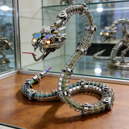 An impressive steampunk mech snake maquette en metal with glowing eyes and iridescent scales, designed as a detailed 3D metal model kit. It is showcased on a wooden surface within a glass display cabinet, offering a fascinating steampunk puzzle.