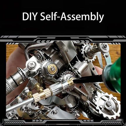  DIY self-assembly of an intricate mechanical metal puzzle, using tools to construct a detailed metal model kit, perfect for hobbyists.