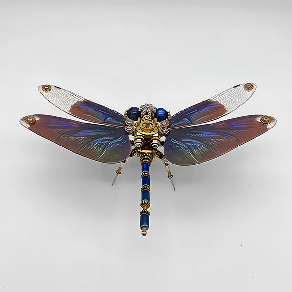 A stunning overhead view of a fully assembled steampunk puzzle, a magnificent mechanical dragonfly with iridescent blue, purple, and clear wings, and a detailed blue and gold body. This intricate metal model showcases exceptional mechanical steampunk design and precision, representing a completed 3D puzzle Metal Kit and a captivating steampunk mech, ready for display.