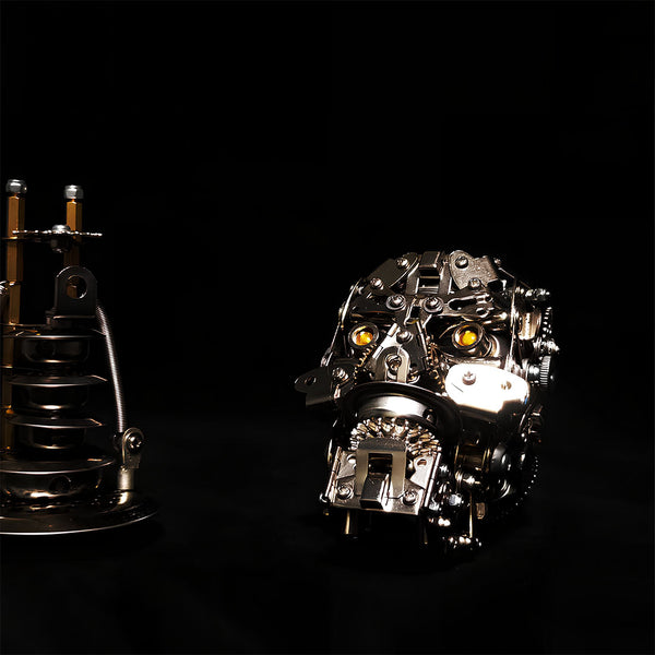 Cyber-industrial DIY 3D puzzle metal model set: Mechanical monster head (glowing eyes) + metal device, a funny table decor for dark-themed showcase