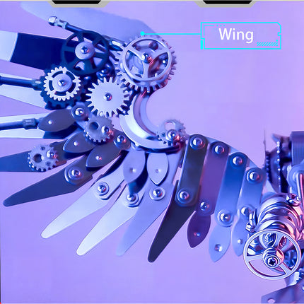  Intricate wing detail of a metal model kit owl, highlighting the mechanical metal puzzle's assembly and unique metallic 3D design.