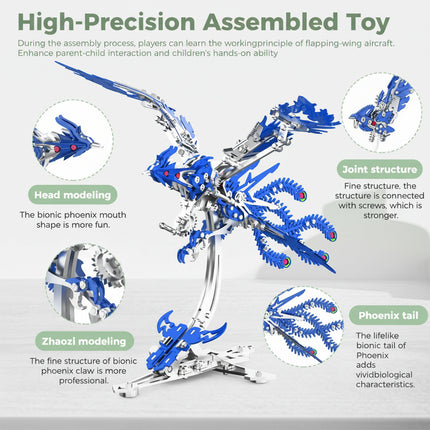 Infographic detailing a "High-Precision Assembled Toy" mechanical phoenix metal model kit, showcasing "Head modeling," "Joint structure," and "Phoenix tail" of this educational metallic 3D puzzle.