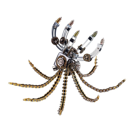 Dynamic view of a mechanical octopus metal model with spread tentacles, an intricate 3D puzzle from Tablefunny metal kits for funny table decor.