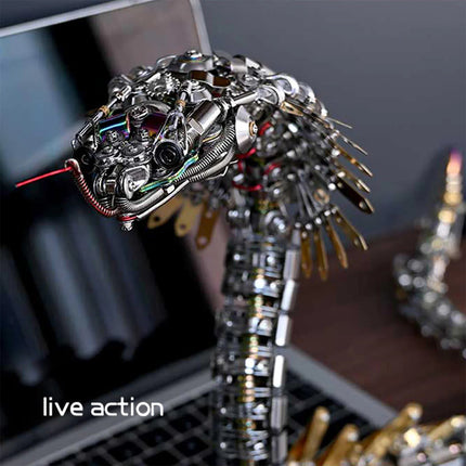 Live action display of a completed metal model kit cobra, a stunning mechanical metal puzzle perfect for desk decoration.