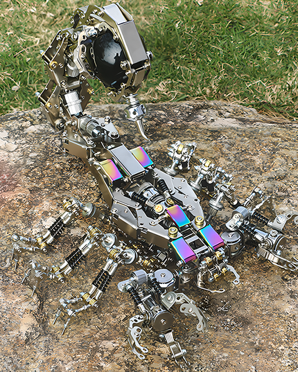 Table Funny Steampunk Mechanical Scorpion 3D Puzzle Metal Kit - A stunning project for mechanics, steampunk fans, and art-engineering enthusiasts, this creation presents a mechanical scorpion with metallic components, intricate gear-driven mechanisms, and futuristic-vintage design, showcased on natural terrain to emphasize its robust, industrial artistry. It’s a desk-centerpiece-worthy Table Funny signature piece that blends engineering precision, artistic creativity,