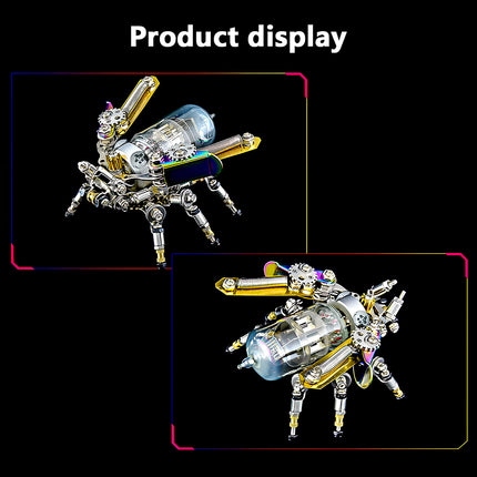 Product display of the "Mechanical Firefly" metal model from two angles, showcasing a unique 3D puzzle with steampunk design and glowing features.