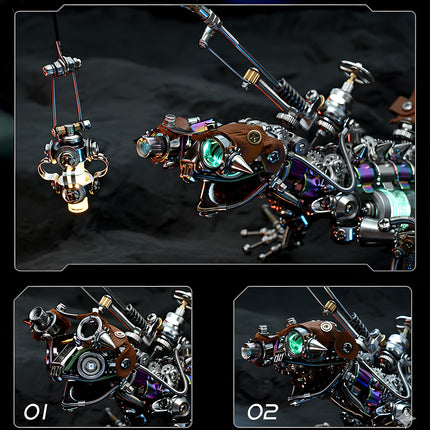  Multi-angle display of a steampunk mechanical lizard metal model with glowing eyes and lure, an intricate 3D puzzle for mechanical steampunk collectors.