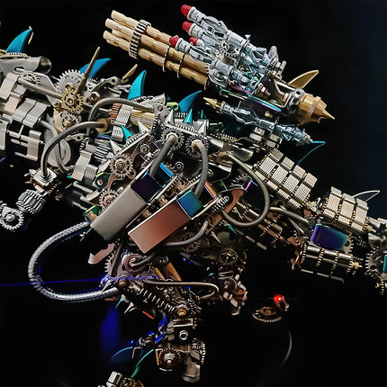 High-precision stainless steel parts and hydraulic pipes detailed on a heavy weaponized **Mecha T-Rex** **metal model kit**.