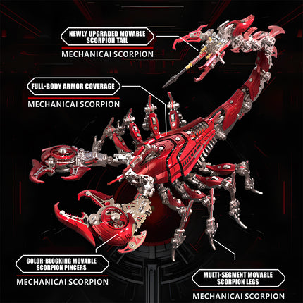 Red mechanical scorpion **metal model kit** highlighting features like upgraded movable tail and full-body armor, designed as a complex **puzzle mécanique métal**.