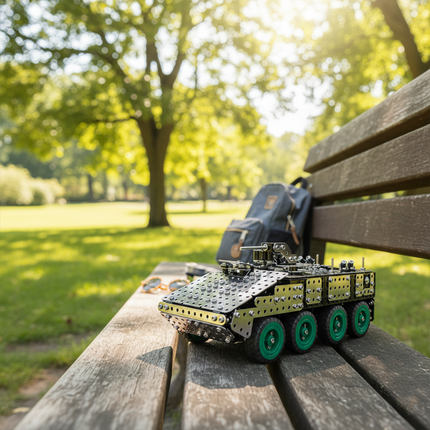 This Mechanical Armored Vehicle 3D Metal Puzzle Kit features a detailed design with interlocking metallic components and green-accented wheels. Showcased in an outdoor park setting on a wooden bench, it blends mechanical engineering aesthetics with a realistic armored vehicle form. Serving as both an engaging assembly project and a distinctive display piece, it’s ideal for hobbyists and puzzle lovers, adding a touch of mechanical creativity to your collection or casual outdoor showcase.