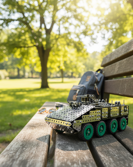 This Mechanical Armored Vehicle 3D Metal Puzzle Kit features a detailed design with interlocking metallic components and green-accented wheels. Showcased in an outdoor park setting on a wooden bench, it blends mechanical engineering aesthetics with a realistic armored vehicle form. Serving as both an engaging assembly project and a distinctive display piece, it’s ideal for hobbyists and puzzle lovers, adding a touch of mechanical creativity to your collection or casual outdoor showcase.