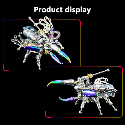  Product display showcasing two perspectives of the "Mechanical Dazzling Armor" beetle mech metal model, a vibrant steampunk puzzle and 3D puzzle metal kit.