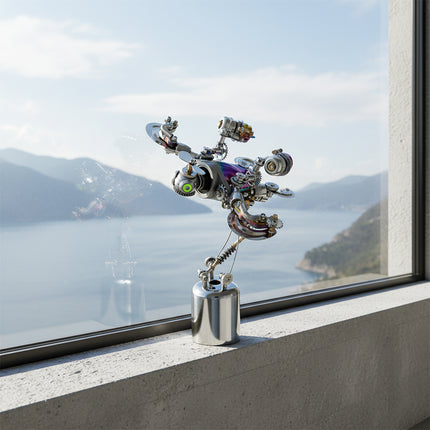 An elaborate steampunk mech turtle maquette en metal with iridescent details, standing on a metallic base. This intricate 3D metal model kit is positioned on a balcony overlooking a scenic lake and mountains, offering a unique steampunk puzzle.