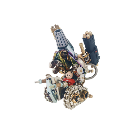 Discover the TableFunny metal assembly mech vehicle model — a handmade steampunk desk sculpture featuring mechanical gears and a mini pilot figure