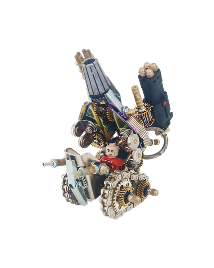 Discover the TableFunny metal assembly mech vehicle model — a handmade steampunk desk sculpture featuring mechanical gears and a mini pilot figure