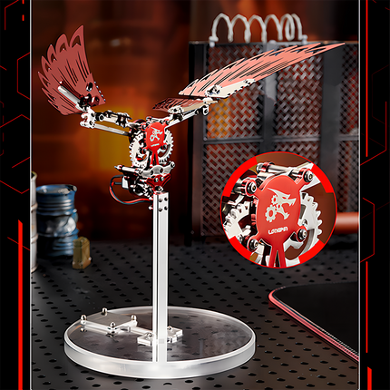 Steampunk Mechanical Bird 3D Puzzle Metal Kit - A captivating DIY toy for mechanics and steampunk enthusiasts, this self-assembled piece showcases a mechanical bird with red metallic wings, intricate gear-driven structures, and a dynamic design. It embodies the fusion of retro mechanical art and kinetic innovation, inviting you to craft a visually striking piece of steampunk mechanical artistry with precision and aesthetic sensibility through this 3D Puzzle Metal Kit.