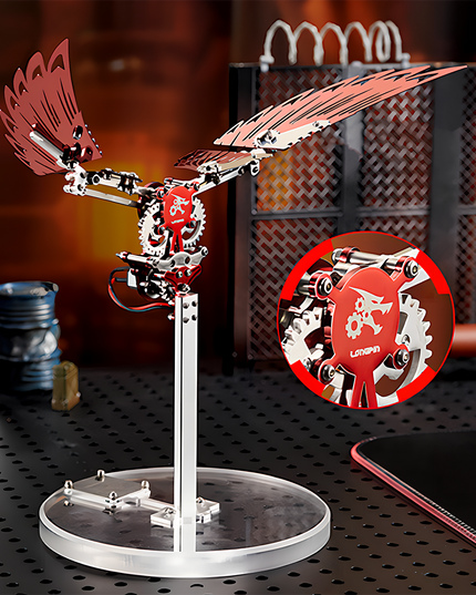 Steampunk Mechanical Bird 3D Puzzle Metal Kit - A captivating DIY toy for mechanics and steampunk enthusiasts, this self-assembled piece showcases a mechanical bird with red metallic wings, intricate gear-driven structures, and a dynamic design. It embodies the fusion of retro mechanical art and kinetic innovation, inviting you to craft a visually striking piece of steampunk mechanical artistry with precision and aesthetic sensibility through this 3D Puzzle Metal Kit.