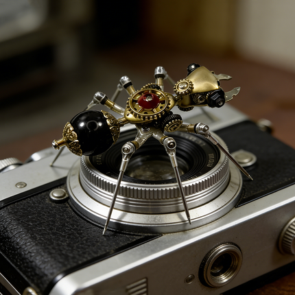  Unique mechanical steampunk ant metal model perched on a vintage camera lens, showcasing intricate steampunk puzzle design, a cool 3D puzzle from metal kits.