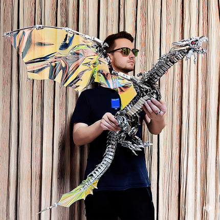 DIY 3D puzzle Metal Kits - Life-size "Bloodthirsty Aurora Dragon" metal model: Handheld display of assembled 3D puzzle kit, iridescent artistic wings & intricate mechanical structure, premium DIY metal model for interactive showcases