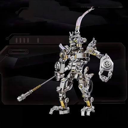 Silver and gold mechanical knight 3D metal puzzle, perfect for display as a collectible desktop figure.