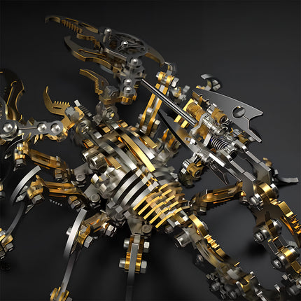 "Detailed shot of the red metal pincers with stainless steel screws on a DIY **maquette en metal**, showcasing the high-quality parts of this **puzzle métallique 3d**.