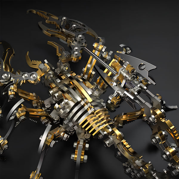 "Detailed shot of the red metal pincers with stainless steel screws on a DIY **maquette en metal**, showcasing the high-quality parts of this **puzzle métallique 3d**.