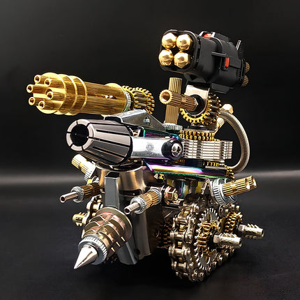Distinctive mechanical steampunk weapon metal model with a prominent front drill, multiple gold barrels, and visible chain drives, showcasing a unique design for a steam punk mech collectible.
