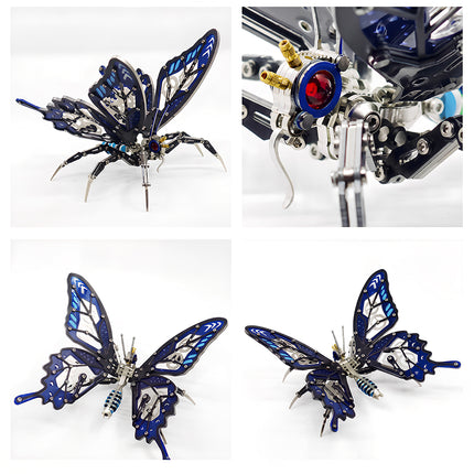 Detailed close-up and multi-angle views of a blue butterfly metal model with a red gem eye, an intricate mechanical steampunk project from our 3D puzzle Metal Kits.