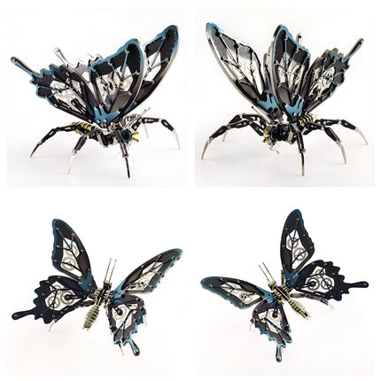 Multi-angle collage of a blue butterfly metal model with visible gears, a stunning mechanical steampunk masterpiece from our 3D puzzle Metal Kits.