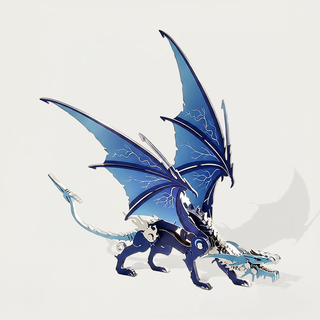 Majestic blue dragon metal model with lightning-patterned wings, an intricate 3D puzzle Metal Kits for fantasy fans.