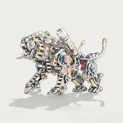 This is an iridescent mechanical saber-toothed tiger 3D metal puzzle, made of multi-tonal (rainbow/silver/gold) alloy parts. It features exposed gears, articulated limbs, prominent saber-tooth details, and a dynamic walking posture.Highlighted by eye-catching iridescent texture and intricate mechanical craftsmanship, it’s a striking collectible blending 3D puzzle art, steampunk aesthetics, and prehistoric wildlife styling.