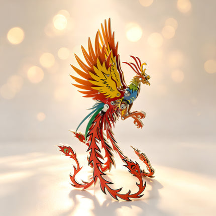 A vibrant and colorful mechanical Phoenix steampunk puzzle metal model standing in a dynamic pose, perfect for desktop decor.