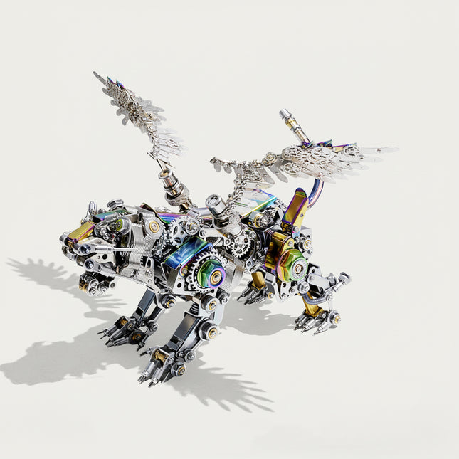 This is an iridescent winged mechanical tiger 3D metal puzzle, featuring multi-tonal (rainbow/silver/gold) alloy parts, exposed gears, poseable wings/limbs, and intricate mechanical details.Highlighted by eye-catching iridescent texture, dynamic wing design, and precise craftsmanship, it’s a striking collectible blending 3D puzzle art, steampunk aesthetics, and wildlife styling.