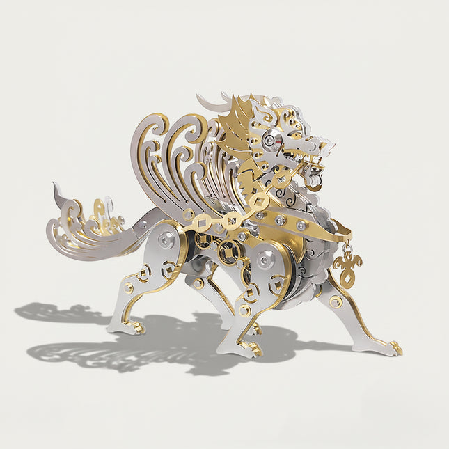 An exquisite DIY 3D puzzle Metal Kits of a mythical creature, combining stainless steel and brass-colored parts.